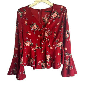 Boohoo Red Floral Bell Sleeve Peplum Lace Bodice Boho Top Size 6